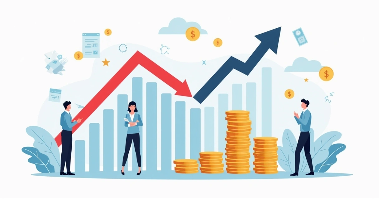 Gráfico financeiro mostrando queda nas finanças da empresa com boletos ao lado 