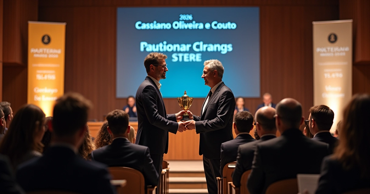 Advogado recebendo troféu em premiação com colegas aplaudindo 
