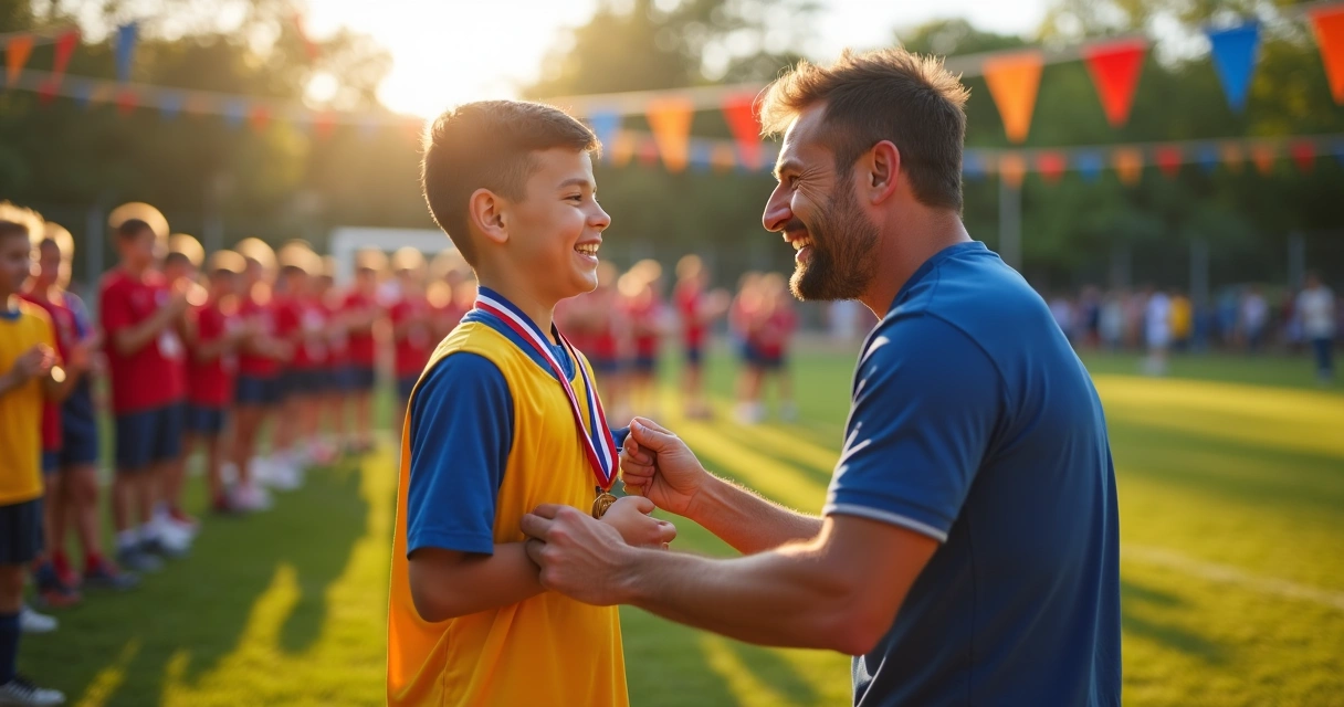 Aluno de futebol recebendo medalha em evento escolar 