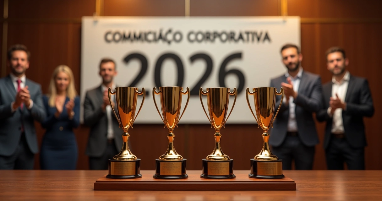 Trofeu de prêmio de comunicação corporativa em uma mesa elegante