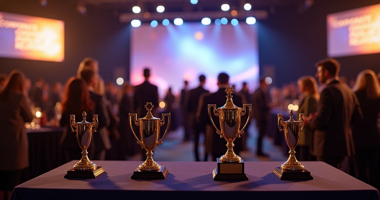 Cerimônia de premiação com troféus e jornalistas em um evento de comunicação corporativa. 