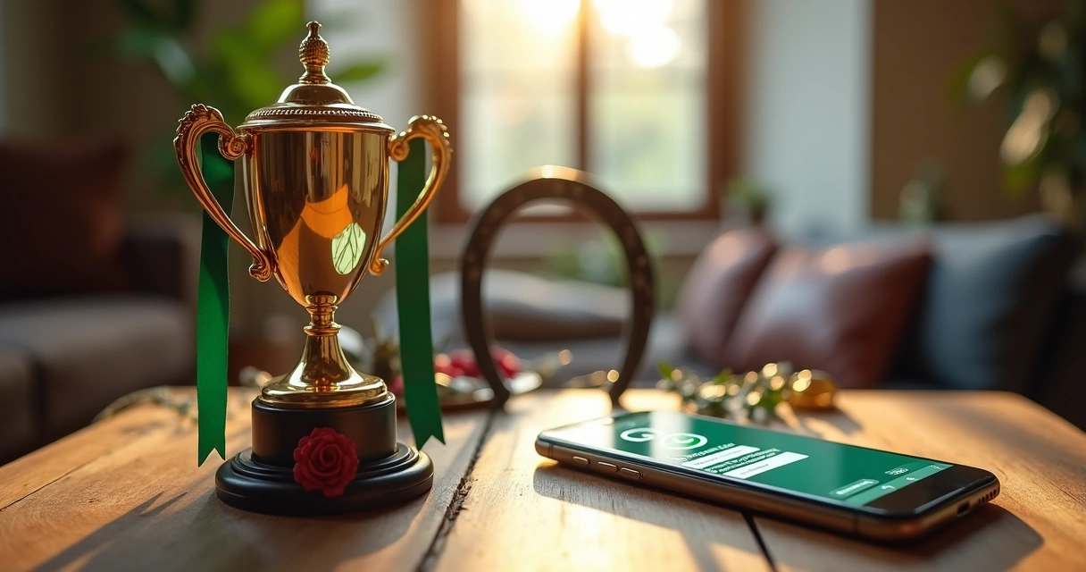 Foto de troféu e celular com tela do WhatsApp mostrando resultados de prova eqüestre 