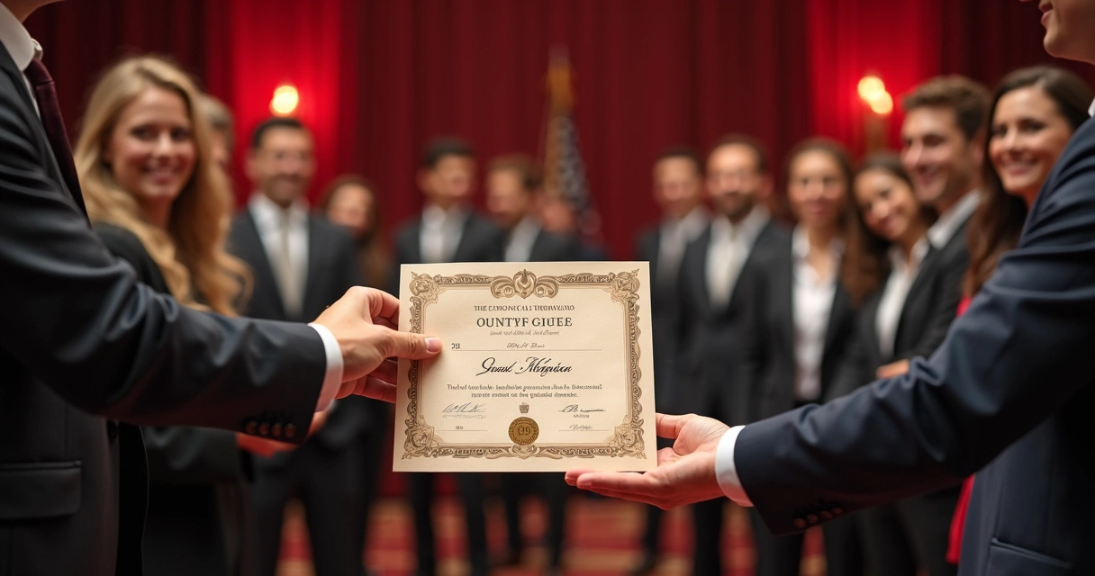 Pessoa recebendo certificado físico em uma cerimônia com outras pessoas ao fundo. 