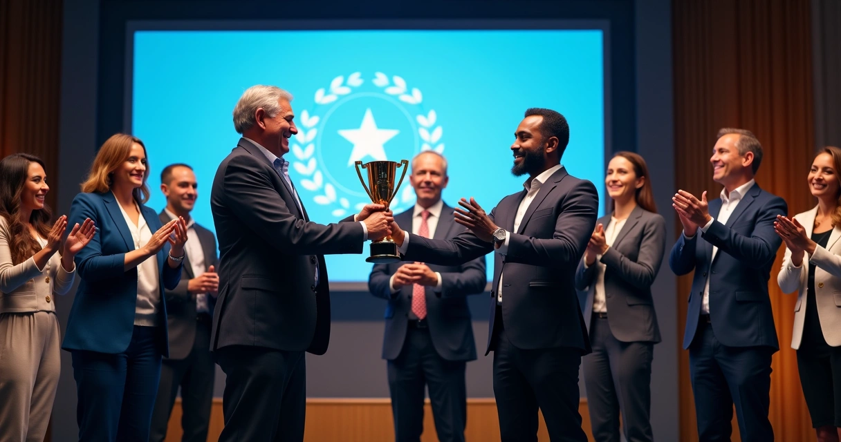 Diretoria de empresa premiando equipe de colaboradores 
