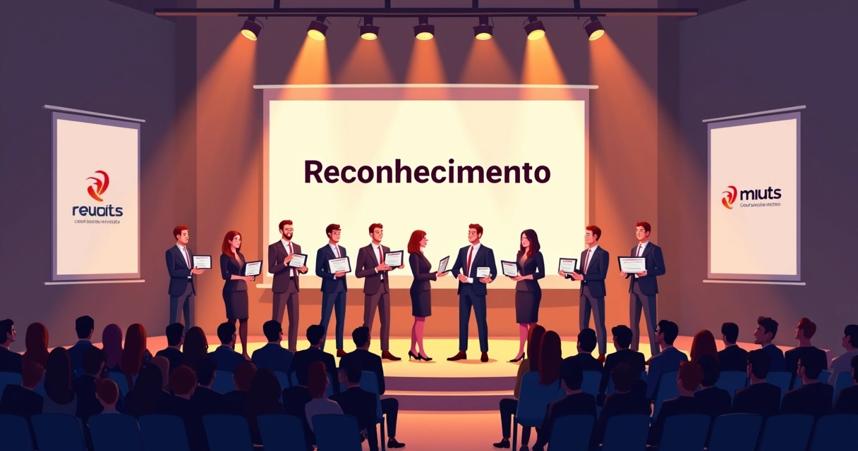Evento corporativo de premiação com colaboradores aplaudindo 