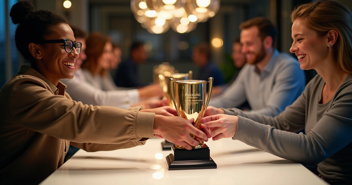 Mesa de reunião com colaboradores sorrindo e recebendo troféus personalizados 