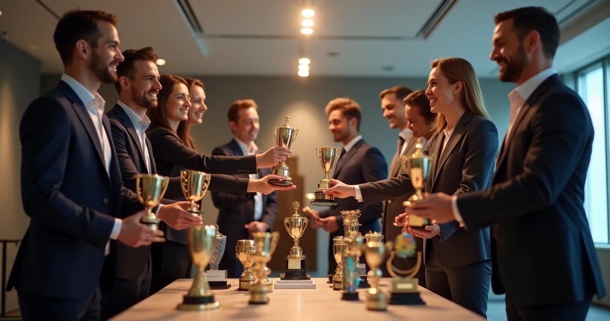 Cerimônia de premiação em ambiente corporativo moderno, com troféus personalizados e decoração elegante 