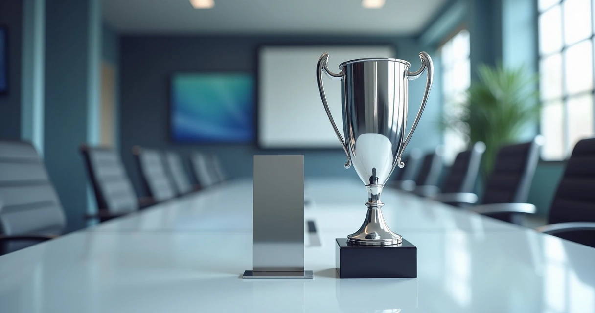 Conjunto de troféu e placa em aço inox sobre mesa corporativa 