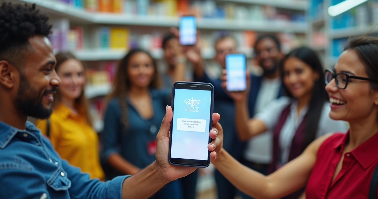 Equipe de vendas comemorando premiação digital em loja, celulares ao alto, tela de prêmio 