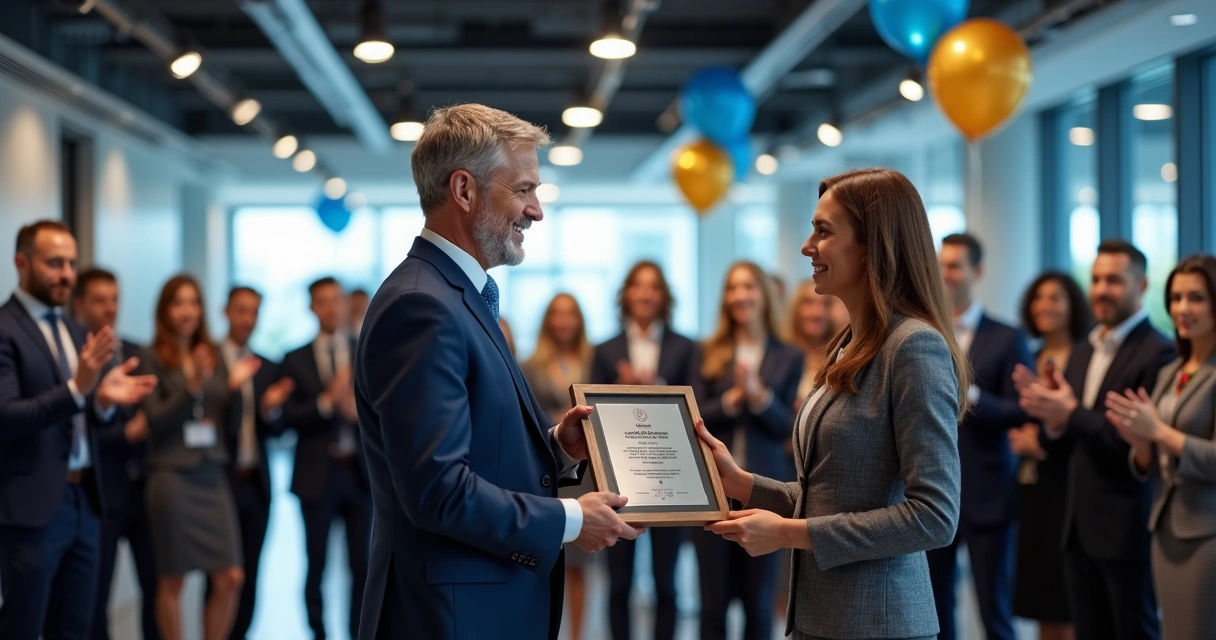 Cerimônia de premiação em empresa, equipe reunida e homenageado recebendo placa 