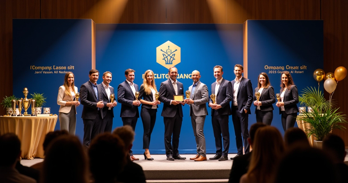 Cerimônia de premiação com colaboradores recebendo troféus personalizados 
