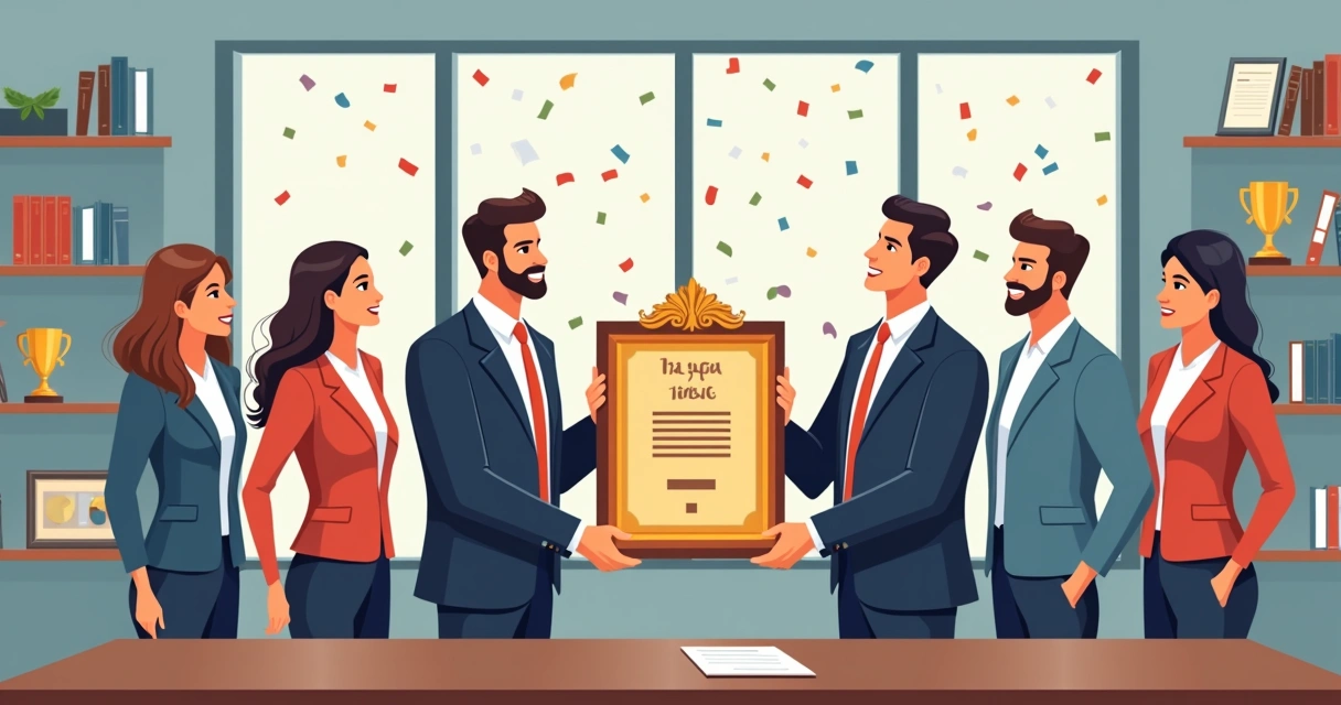 Equipe comemorando premiação corporativa com placa decorativa em destaque. 