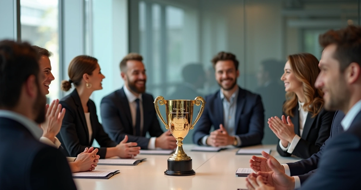 Equipe celebrando premiação corporativa 