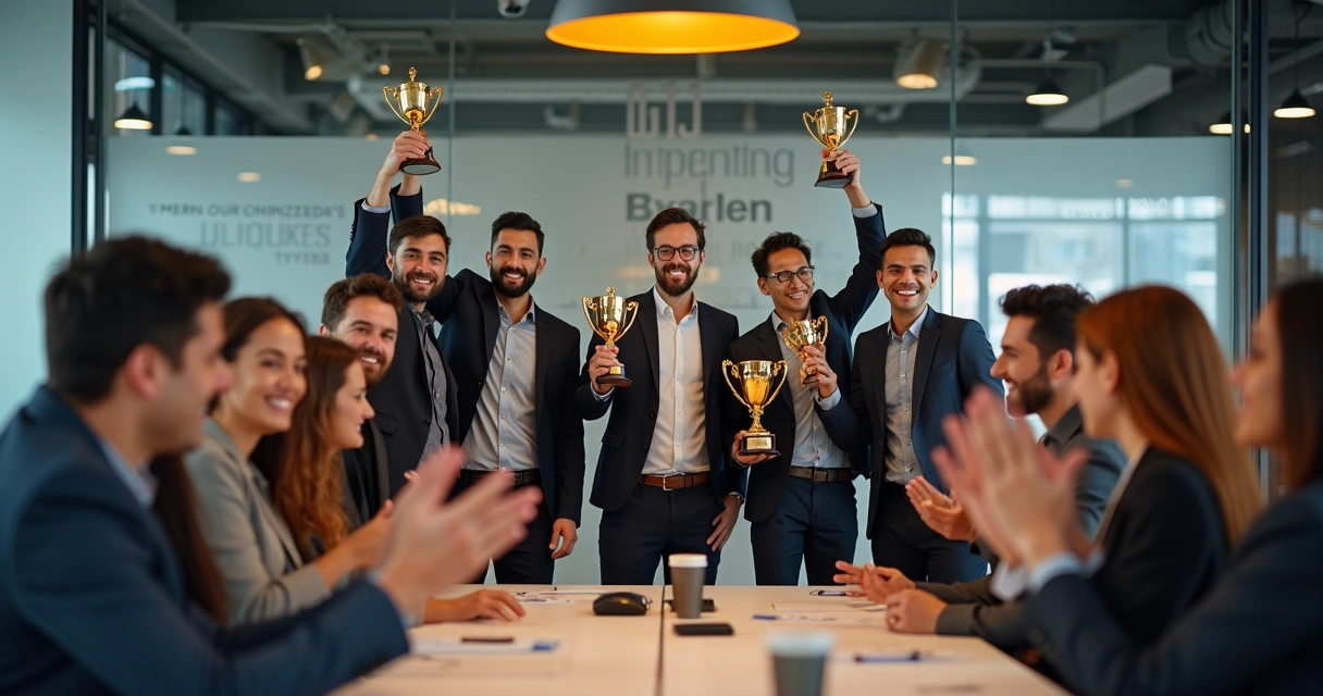 Equipe empresarial comemorando premiação interna 