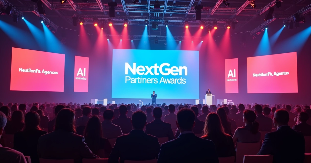 Cerimônia de premiação em evento de publicidade, luzes coloridas, palco com telão, público aplaudindo 