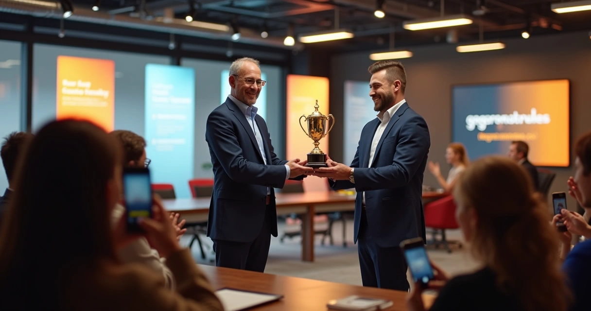 Líder recebendo troféu personalizado em evento empresarial 