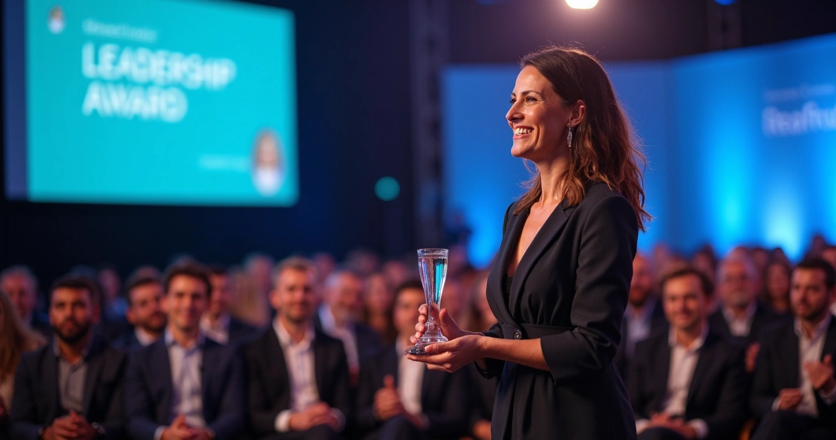 Mulher recebendo prêmio de liderança em evento corporativo 