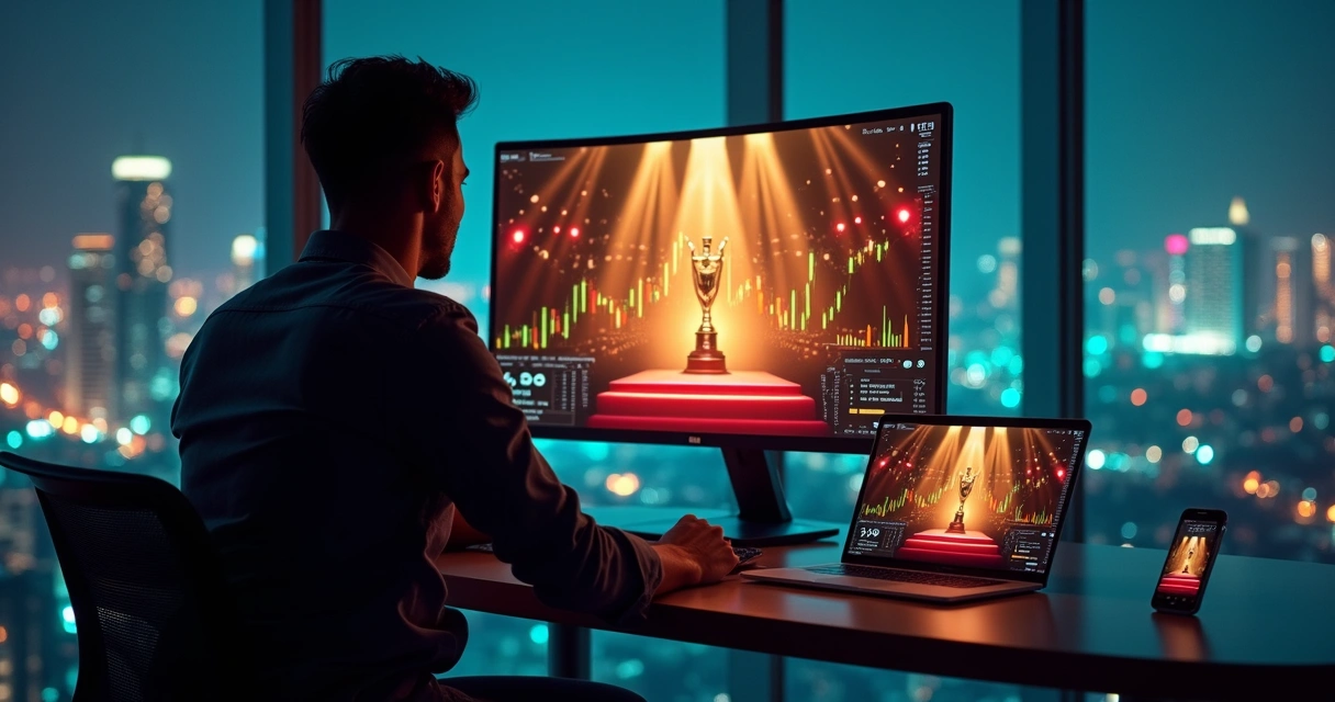 Investidor observando grande premiação com gráficos de liquidez no fundo 
