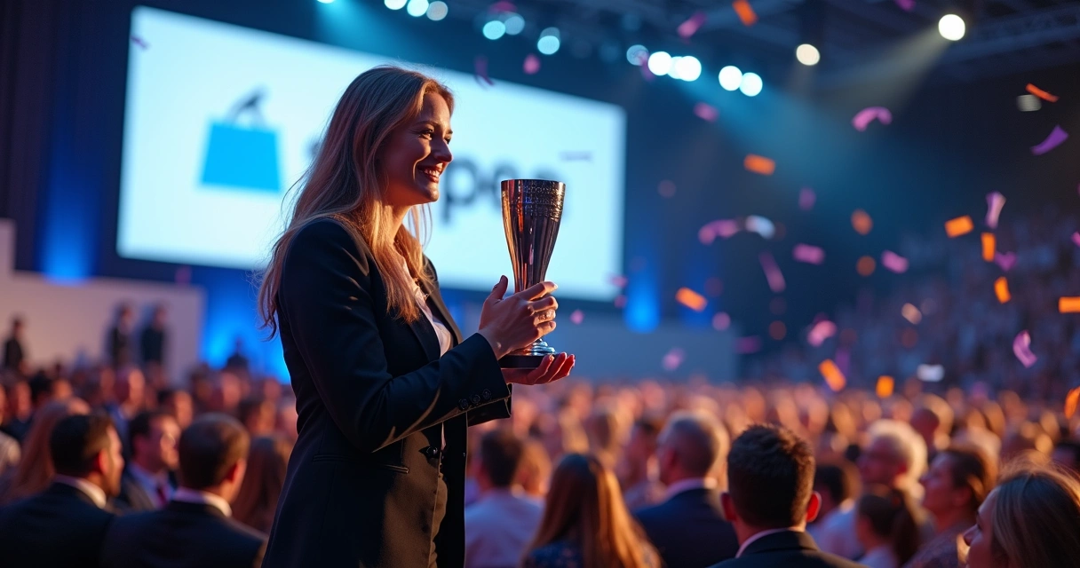 Mulher recebendo troféu em evento de premiação 