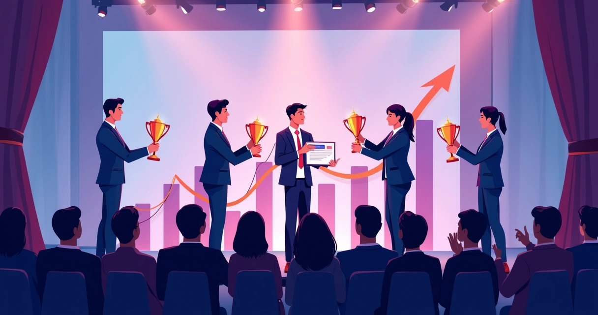 Parceiros recebendo troféus em evento empresarial 