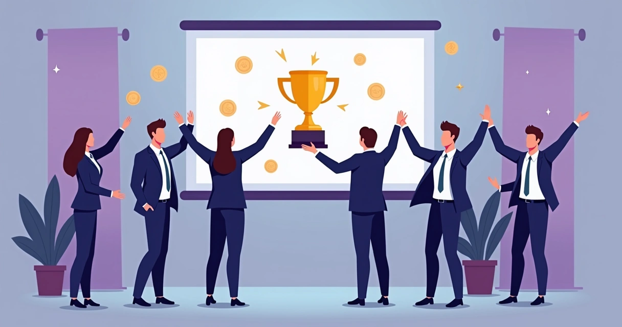 Parceiros de negócios recebendo troféu digital em evento corporativo 