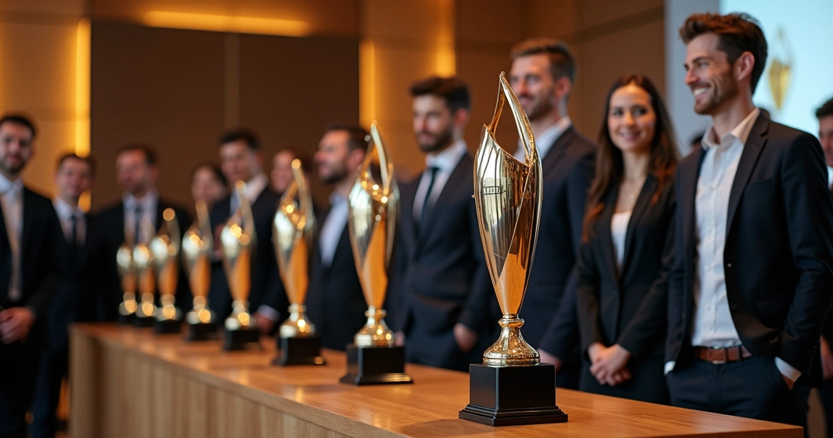 Evento corporativo com premiação de colaboradores, troféus alinhados em uma mesa e equipe sorrindo ao fundo 