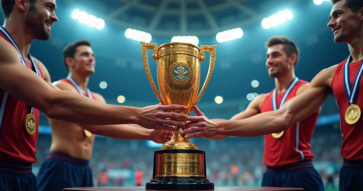 Atletas em pódio recebendo troféu personalizado de federação esportiva 