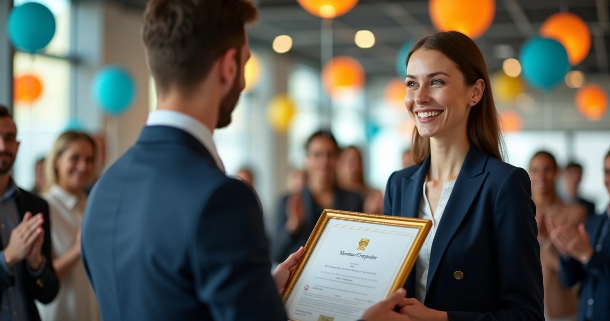 Funcionário recebendo prêmio de reconhecimento em ambiente corporativo 