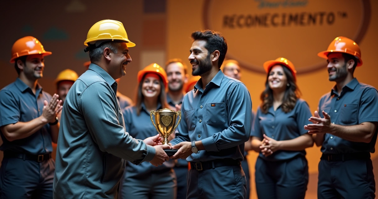 Equipe recebendo troféu personalizado de segurança do trabalho em cerimônia corporativa 