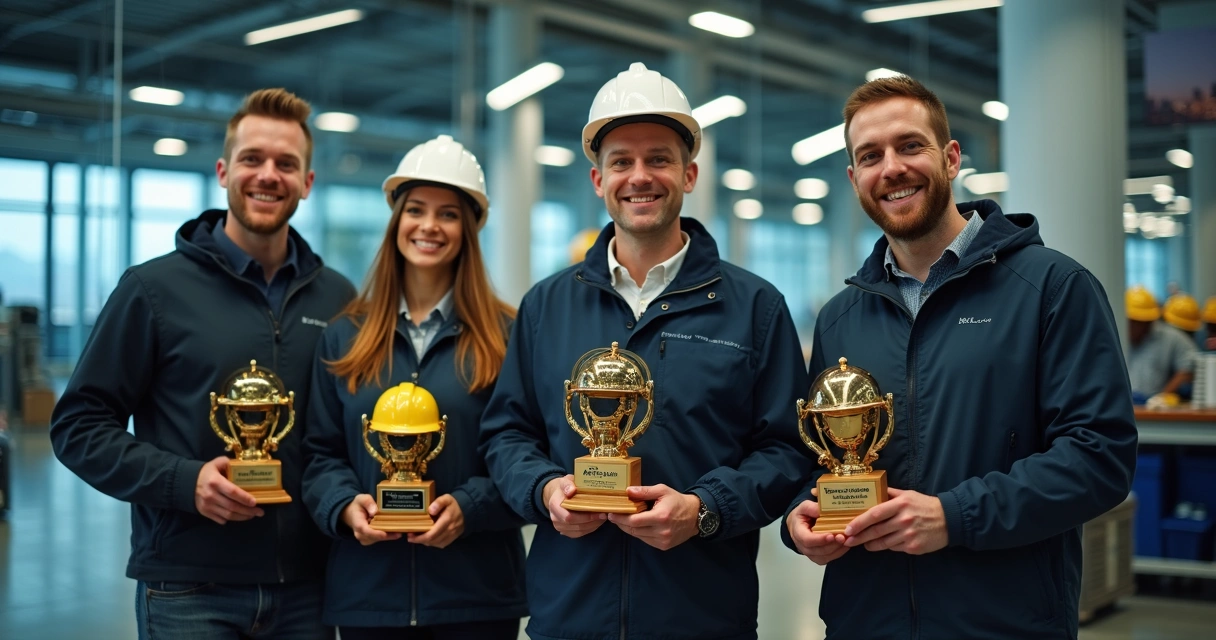 Funcionários de uma empresa recebendo troféus de segurança do trabalho 