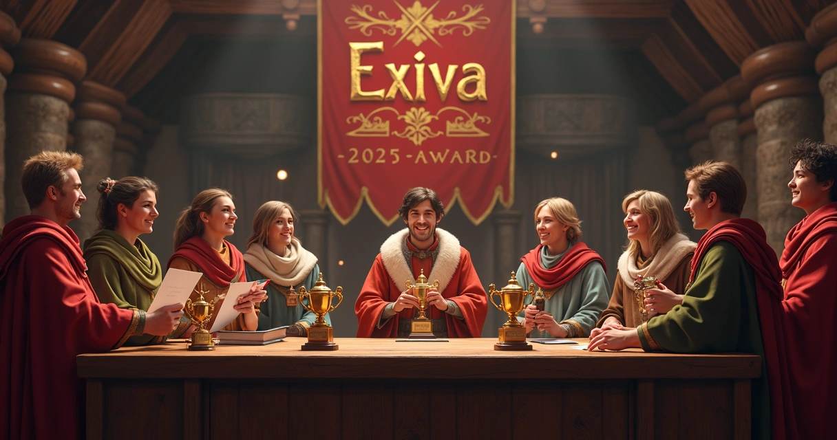 Entrega de troféus do concurso Exiva com jogadores sorrindo e decoração temática medieval 