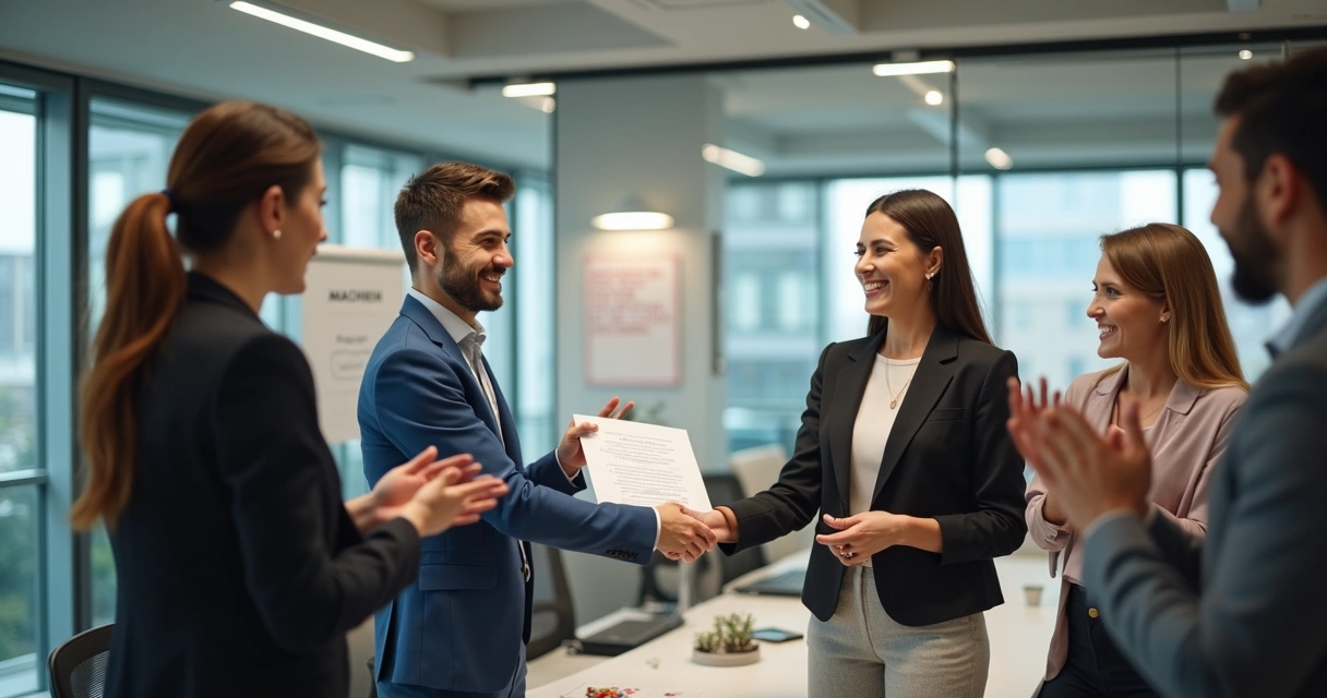 Gestor entregando certificado a colaborador sorridente em meio a equipe aplaudindo 