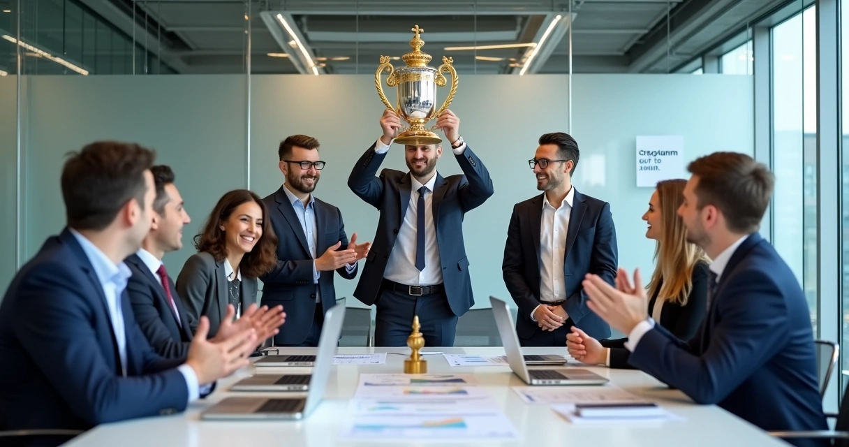 Equipe de vendas comemorando com troféu personalizado em sala de reunião 