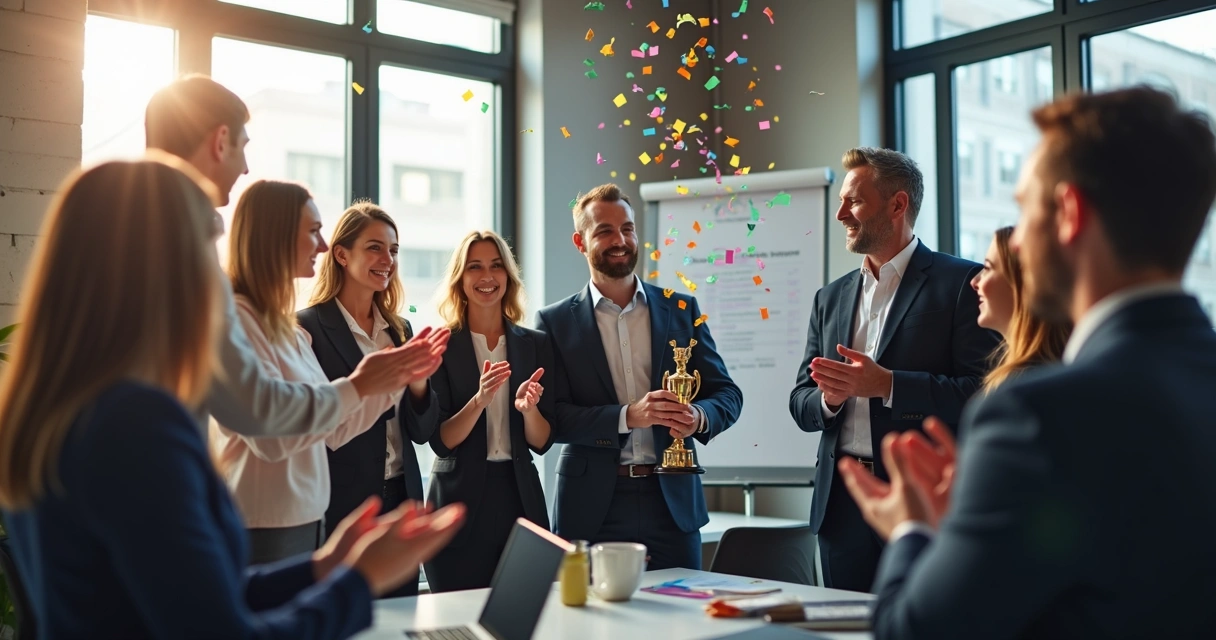 Equipe de vendedores comemorando premiação em escritório moderno 