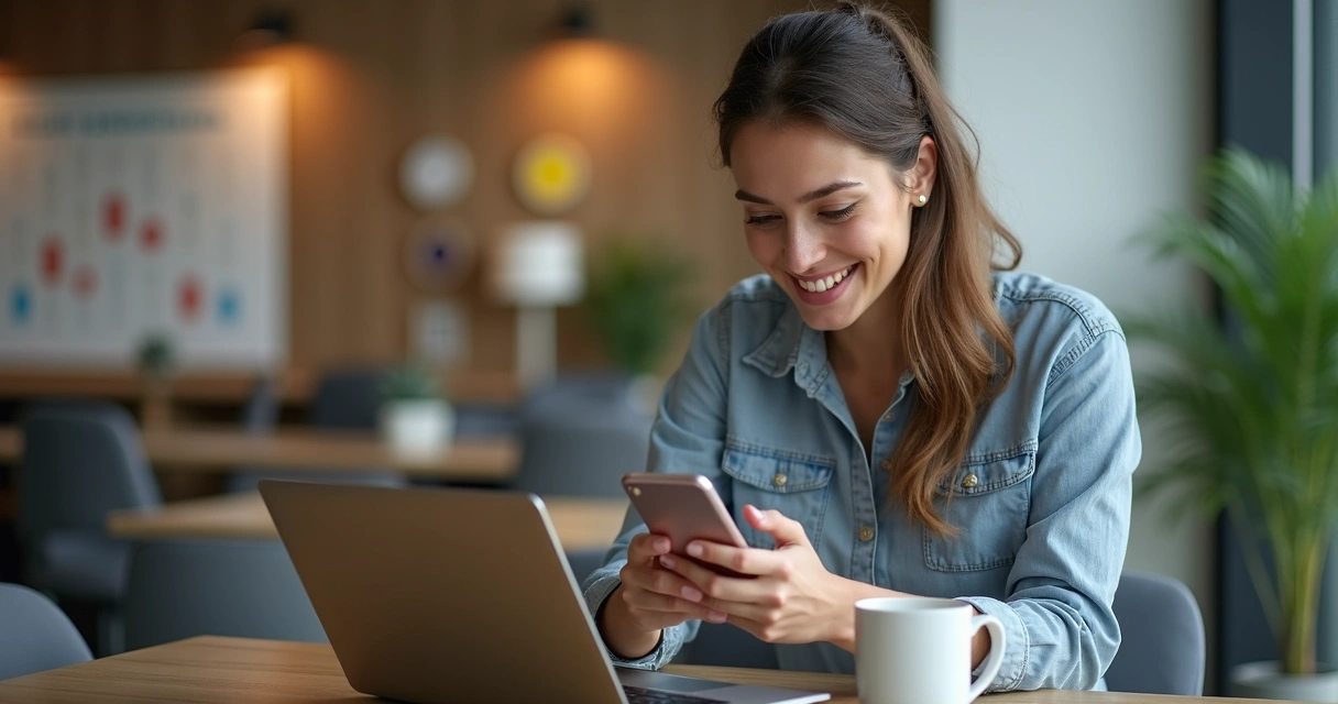 Colaborador celebrando premiação de viagem no celular 