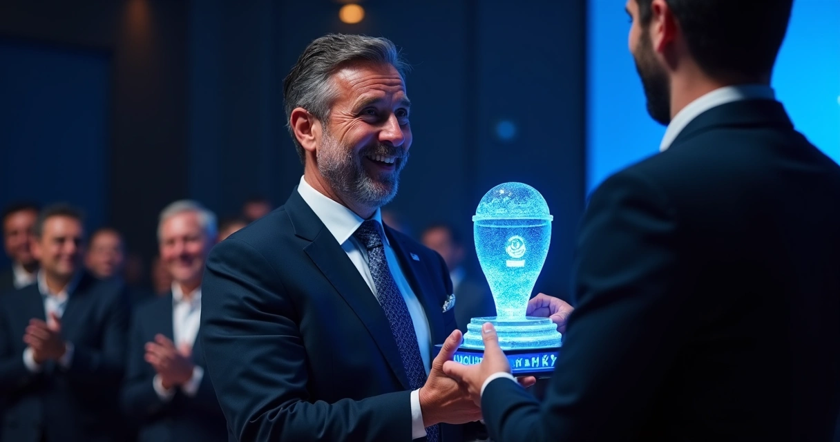 Premiado recebe troféu de LED em palco, sorrindo e com plateia ao fundo 