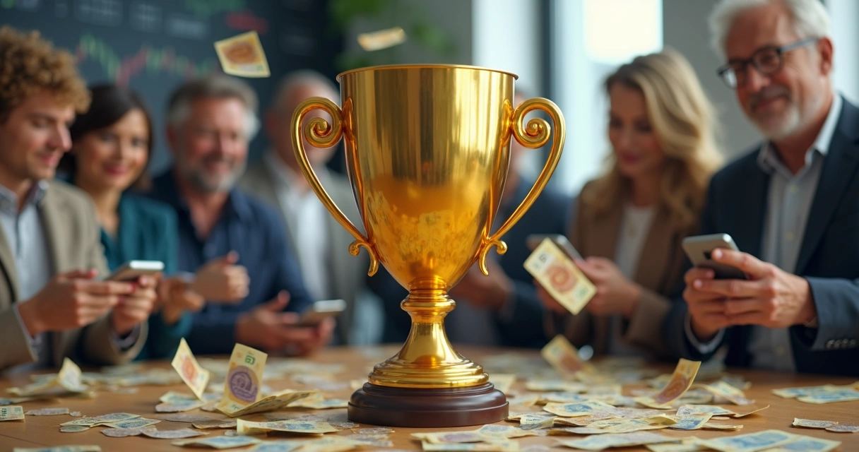 Notas de dinheiro caindo em volta de um troféu dourado