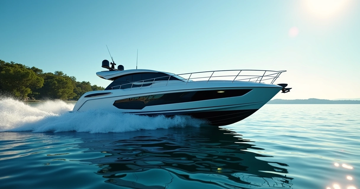 Premium luxury boat sailing near North Carolina coastline with clear blue water and bright sky 