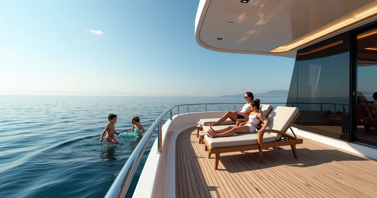 Happy family enjoying a sunny day on a luxury boat 