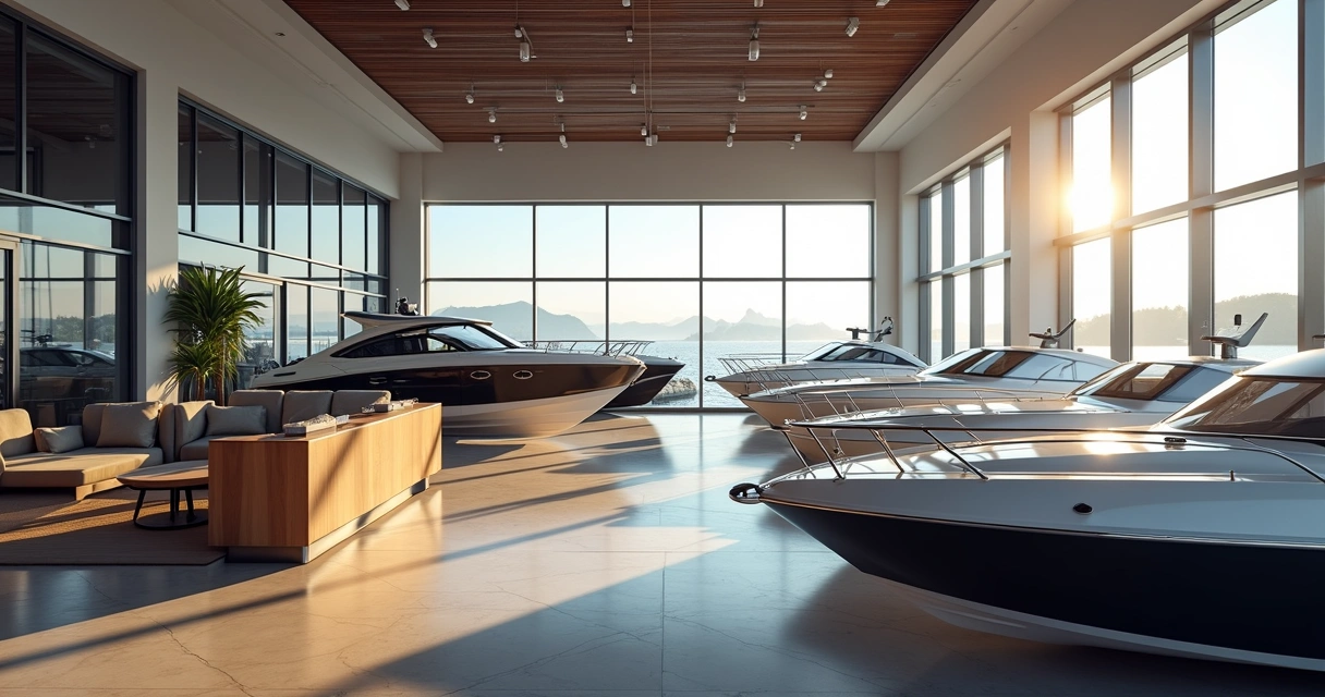 Showroom with luxury boats, polished surfaces and large windows 