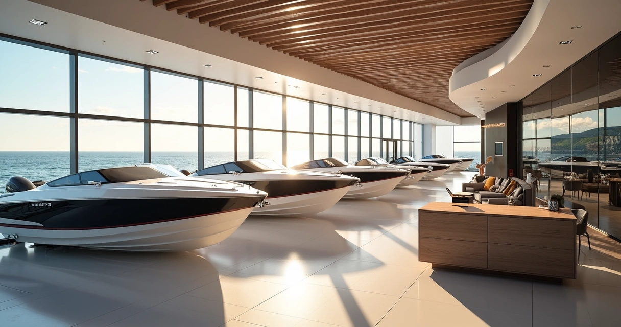 Luxury boat showroom interior with modern yachts and sunlight streaming in. 