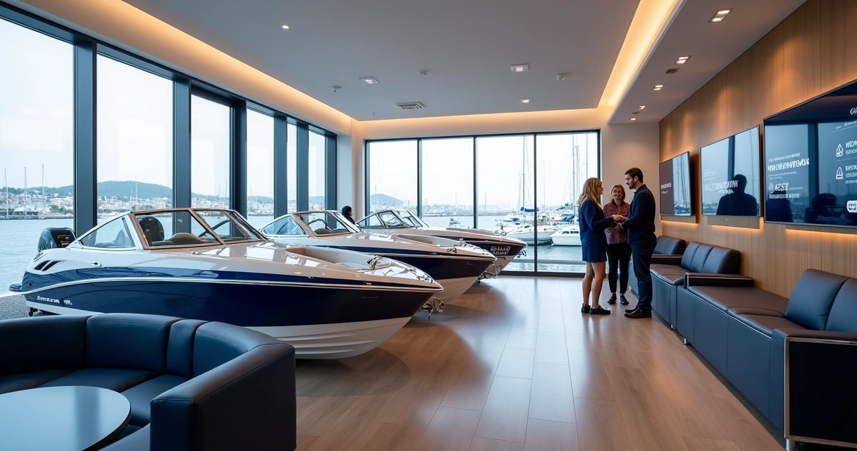 Luxury boat showroom with Granfort boats and a modern consultation area 