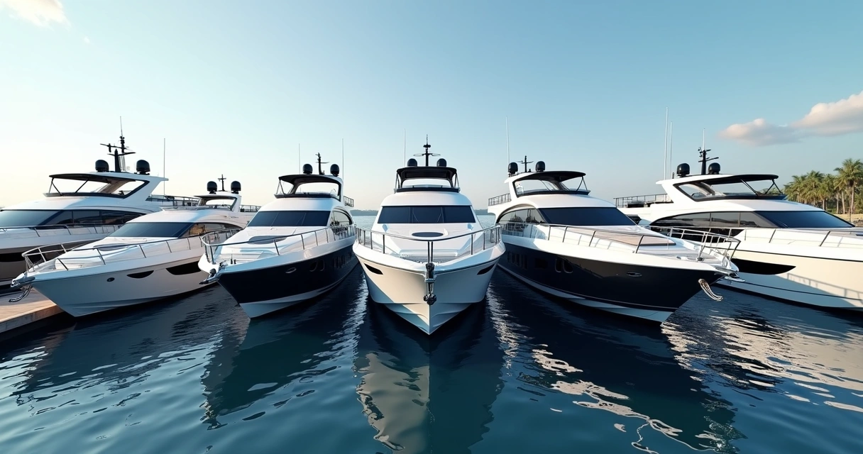 Premium luxury boats docked at a modern outdoor marina with clear blue skies 