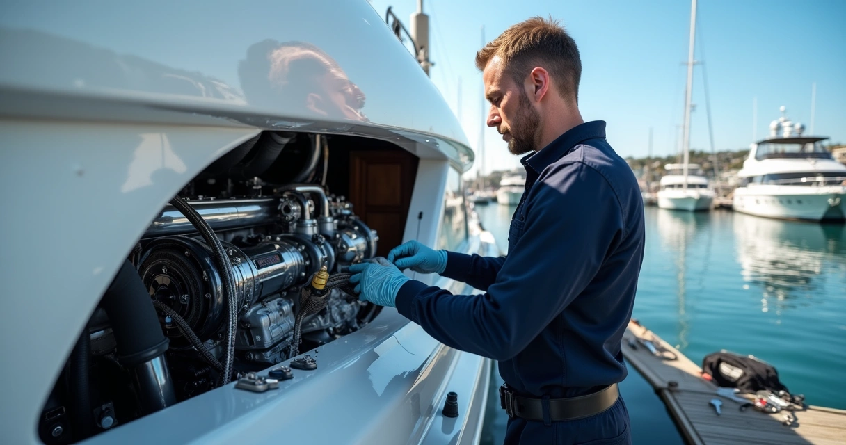 Technician inspecting and cleaning a premium yacht engine in a marina during daylight 