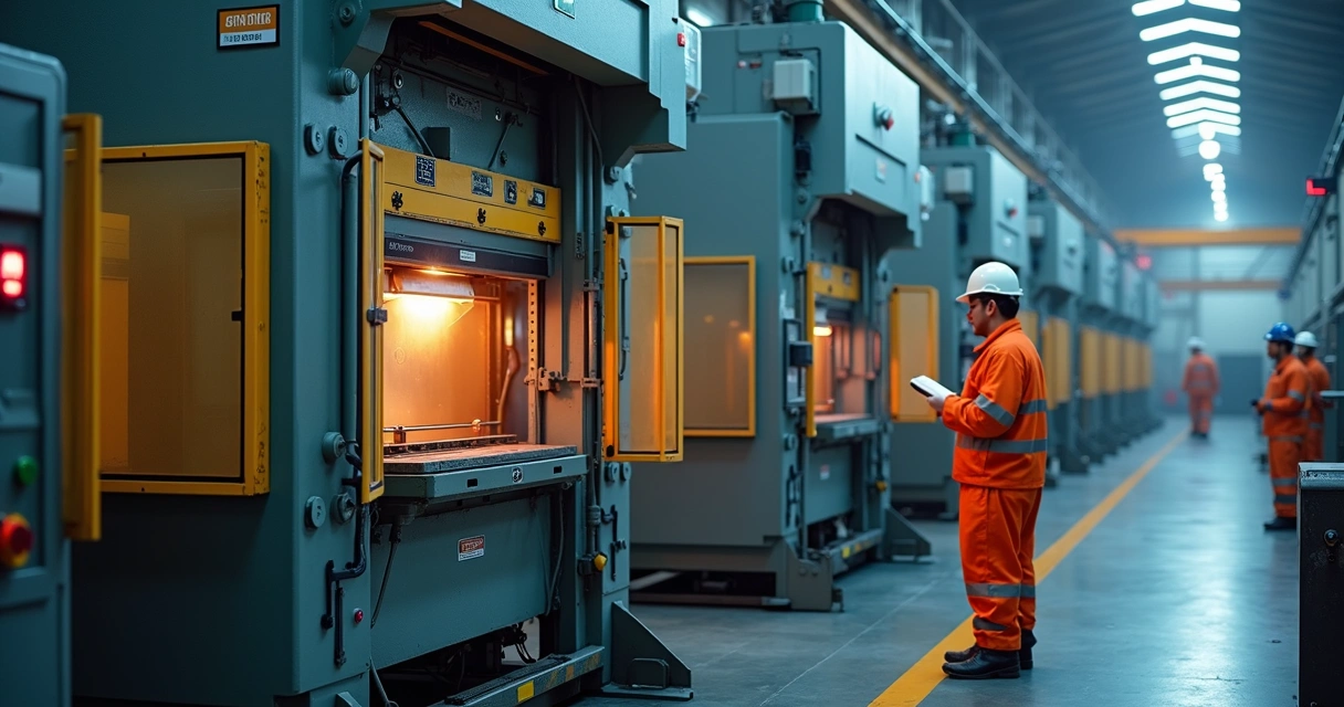 Prensa industrial com dispositivos de segurança instalados 