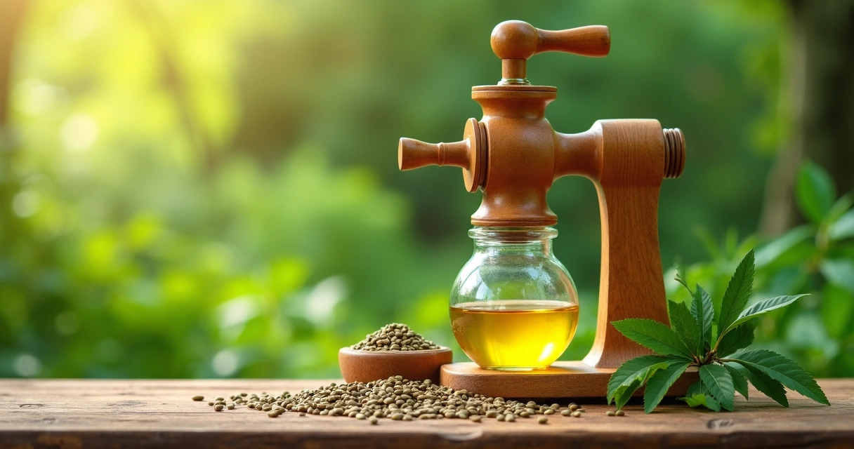 Óleo de moringa sendo extraído com prensa manual em ambiente natural. 