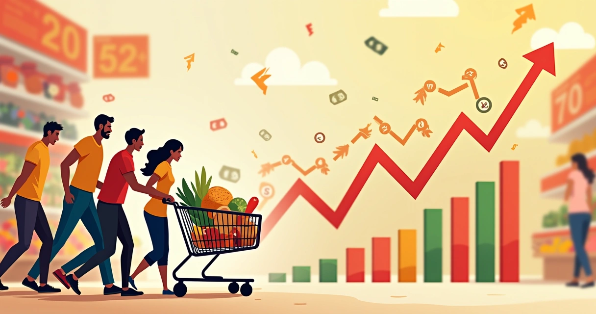 Grupo de pessoas preocupadas com aumento de preços, empurrando um carrinho de compras com alimentos.