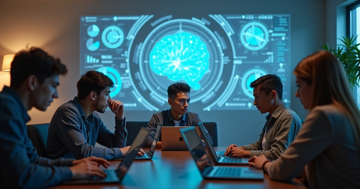 Jovens sentados em grupo olhando atentos para computadores em uma sala de estudos moderna 