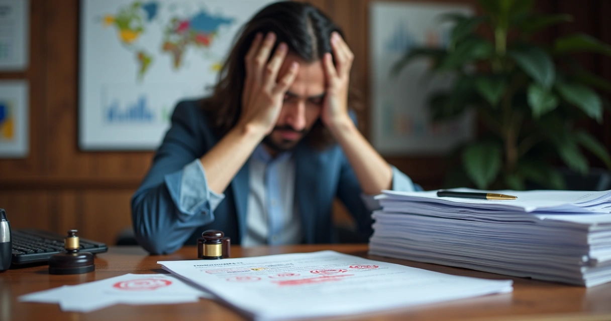 Pessoa analisando documentos de contrato PJ em mesa com carimbo Justiça 