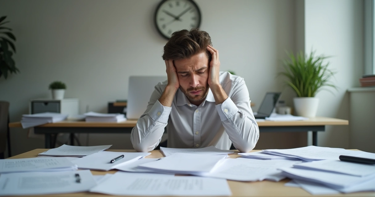 Pessoa sentada em escrivaninha, olhando papéis, com expressão de preocupação 